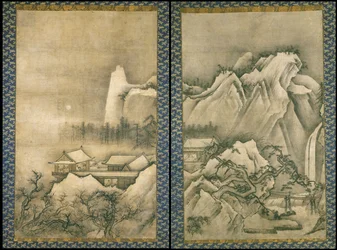 Japanska - Paviljonger i ett bergslandskap